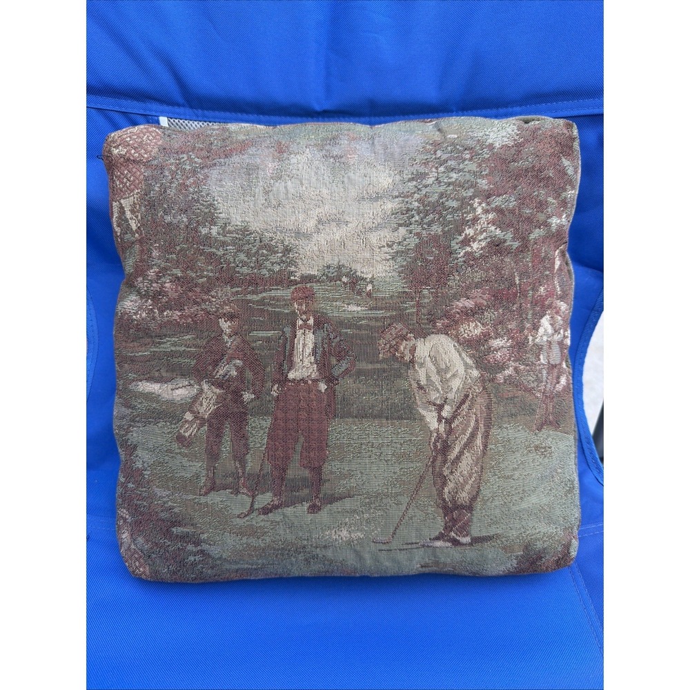 Vintage Golf Scene Tapestry Pillow 15x14 Green Burgundy